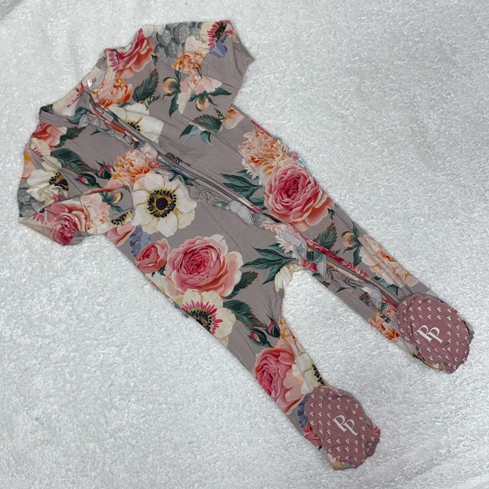 Posh Peanut Jolie Ruffled Zippered Footie floral roses 6/9m
